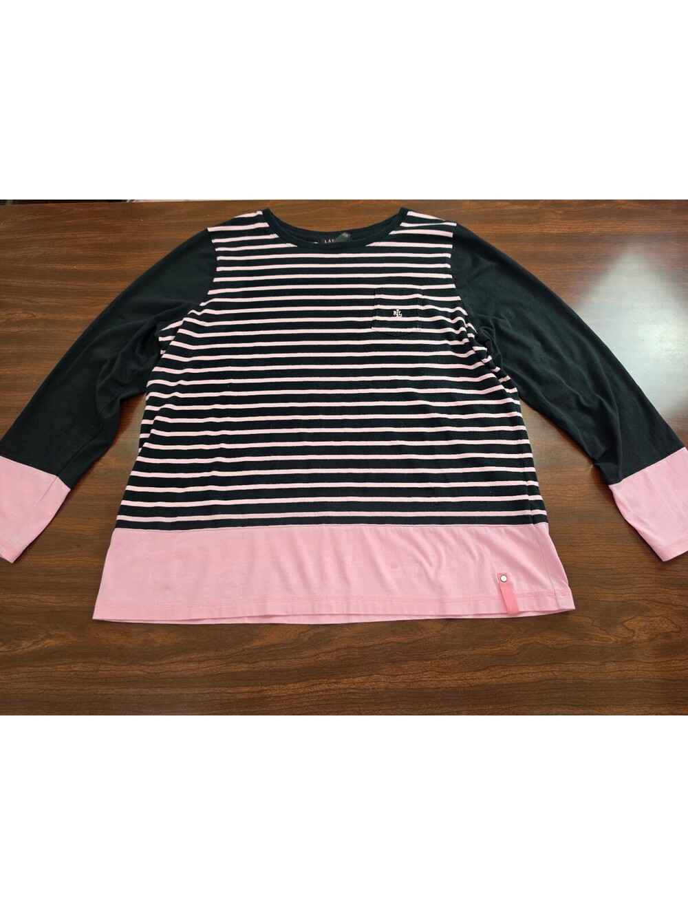 Lauren Ralph Lauren 1X Black Pink Stripe Long Sleeve Shirt Pocket Classic Casual